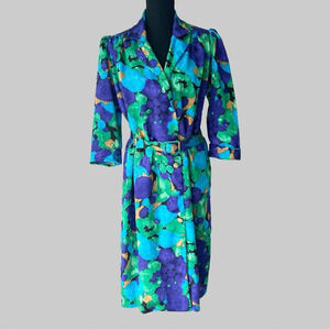 Vintage 80s Leslie Belle Purple Blue Belted Patterned Midi Dress